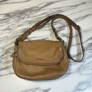 Fossil Preston Flap Expandable Leather Bag Purse Camel Shoulder Crossbody Hobo